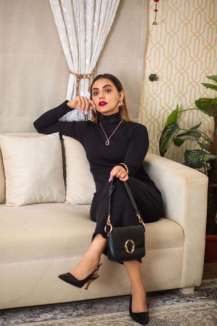 Women's rib black highneck bodycon. 