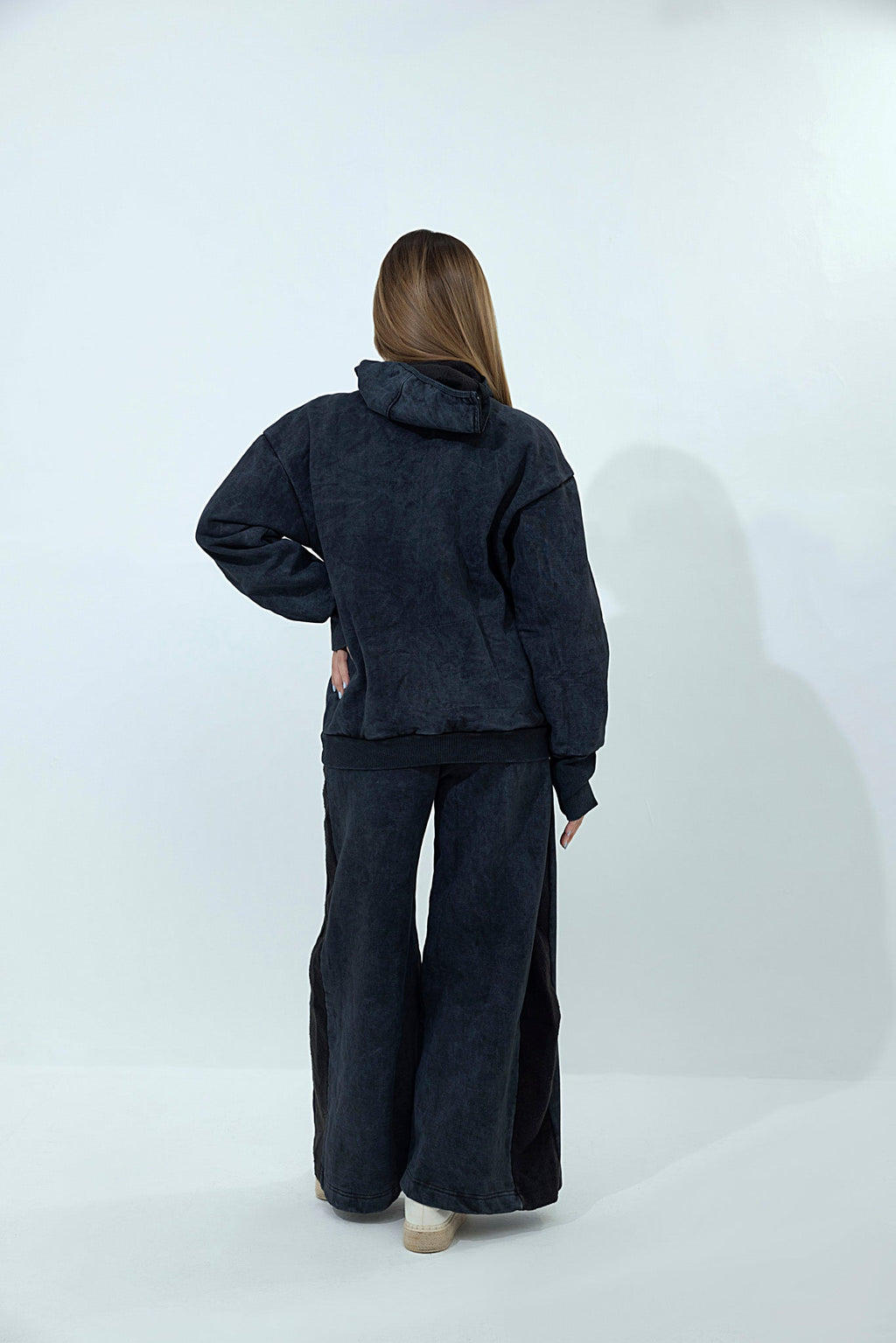 Women's black stone washed fleece with face mask tracksuit.