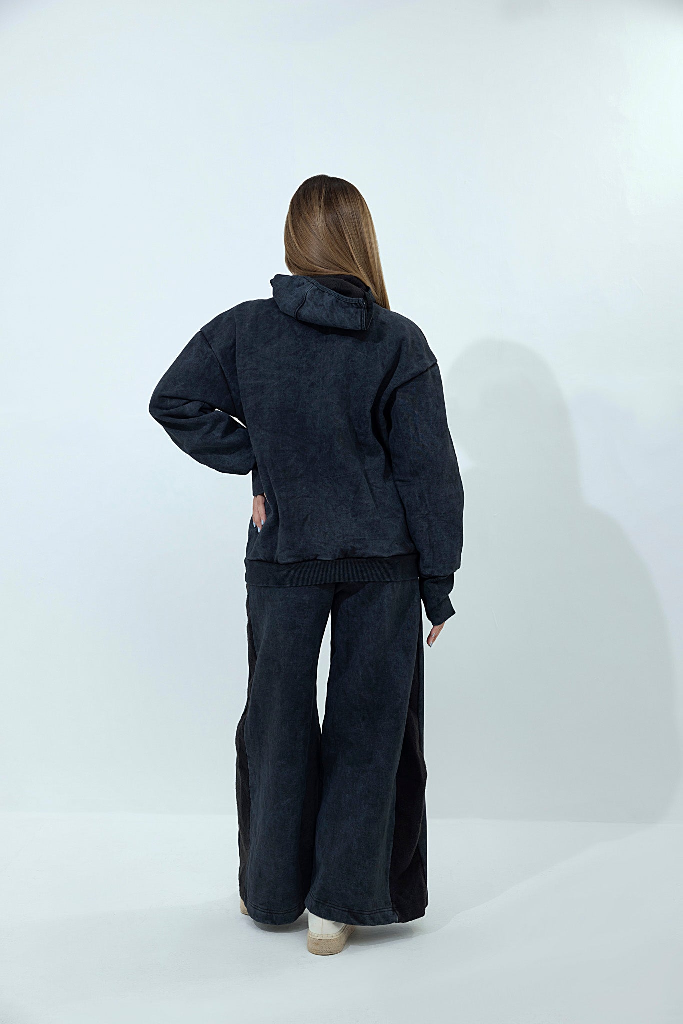 Women's black stone washed fleece with face mask tracksuit.