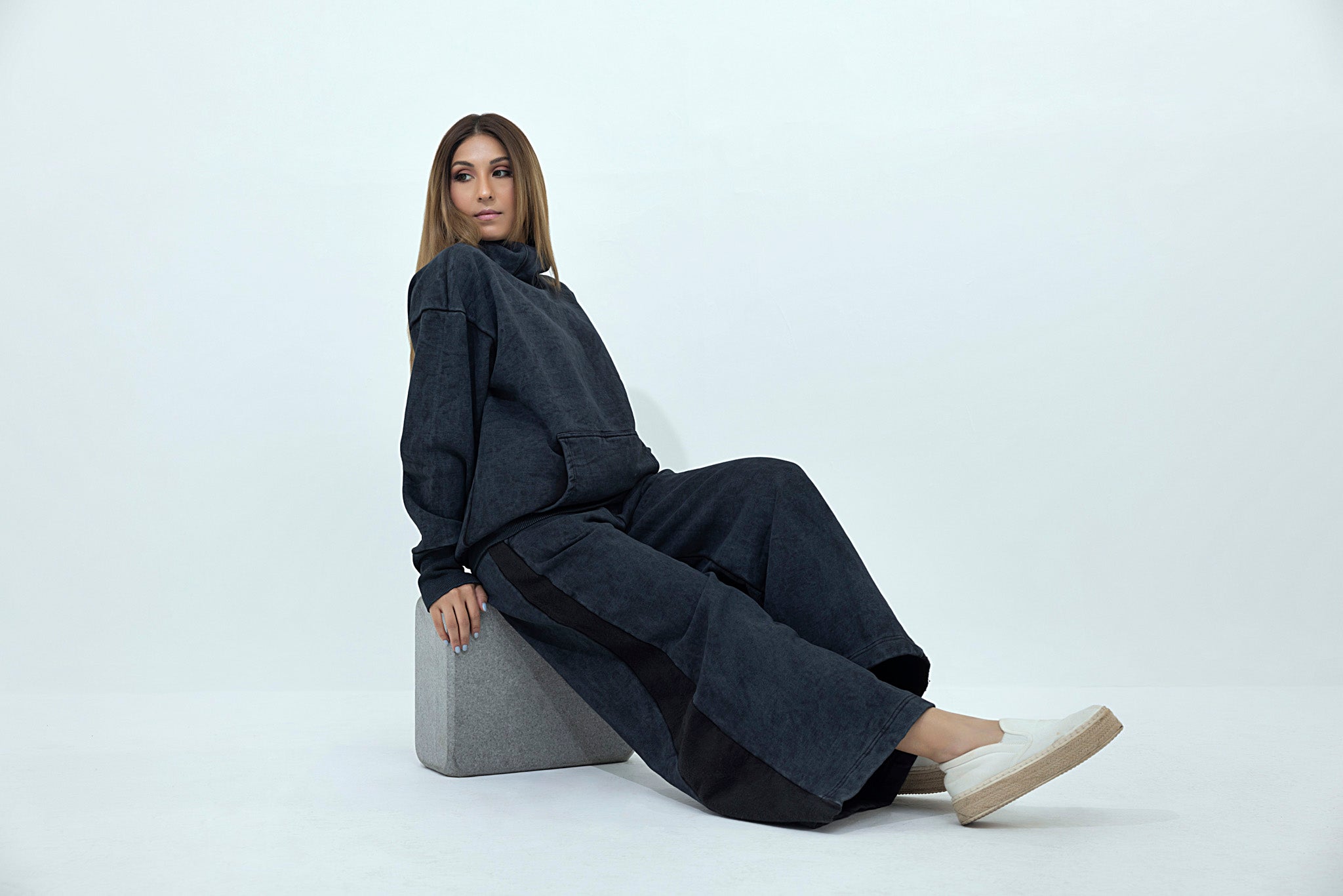 Women's black stone washed fleece with face mask tracksuit.