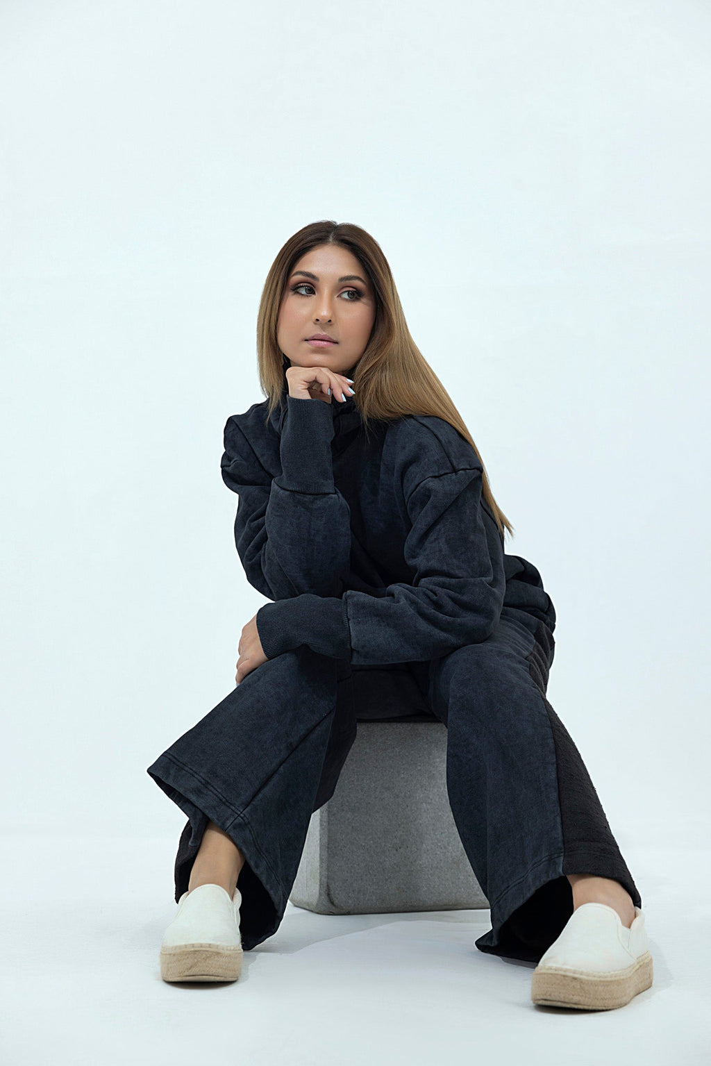 Women's black stone washed fleece with face mask tracksuit.