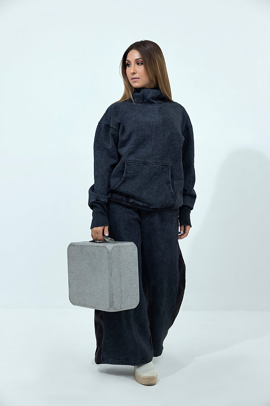 Women's black stone washed fleece with face mask tracksuit.