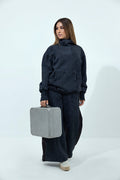 Women's black stone washed fleece with face mask tracksuit.