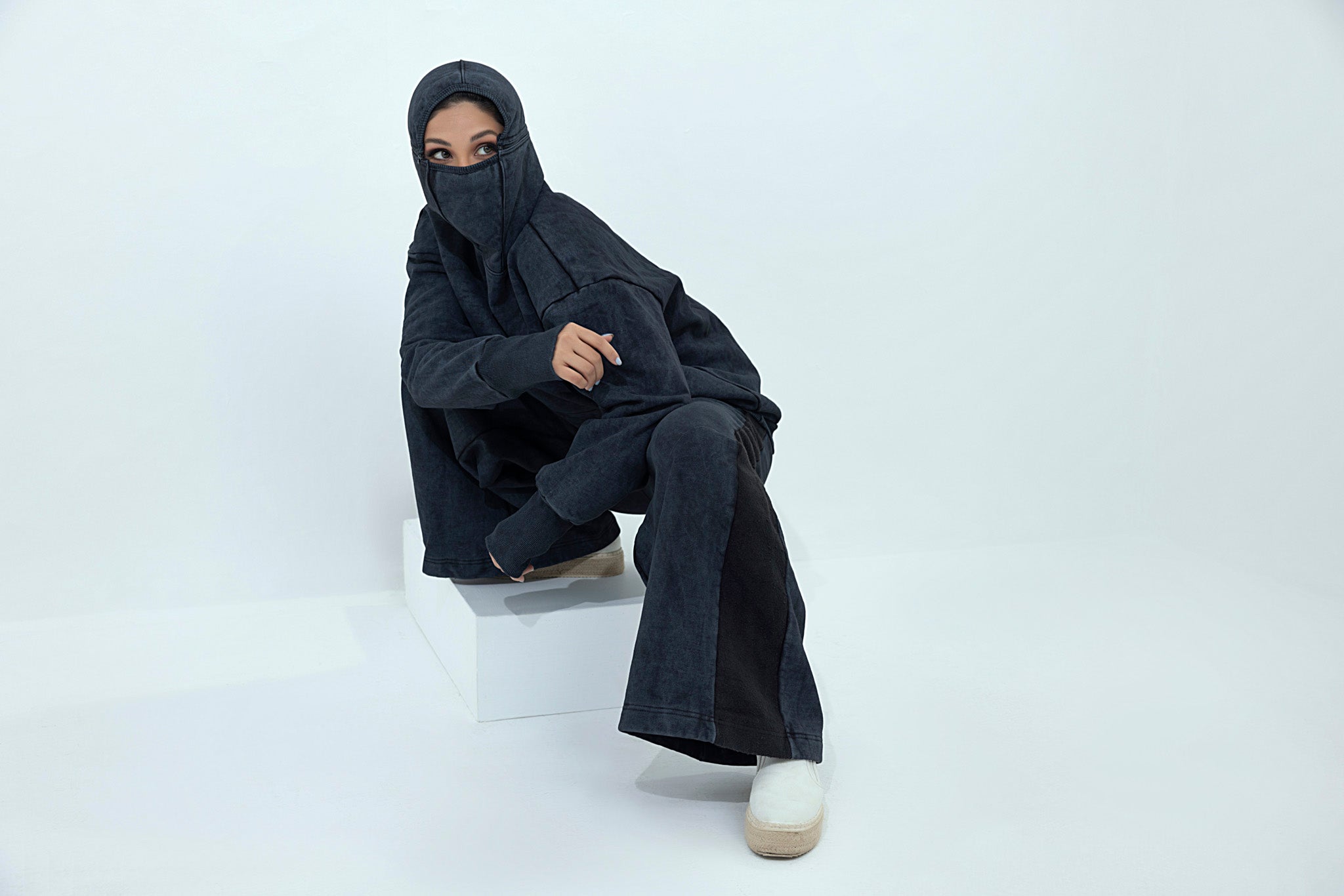 Women's black stone washed fleece with face mask tracksuit.