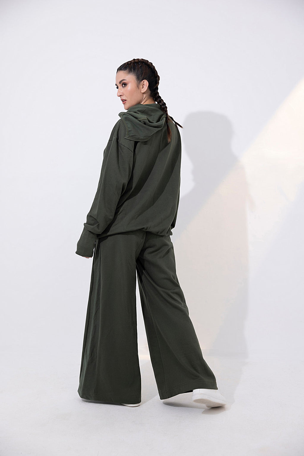 Women's dark green fleece with face mask tracksuit.