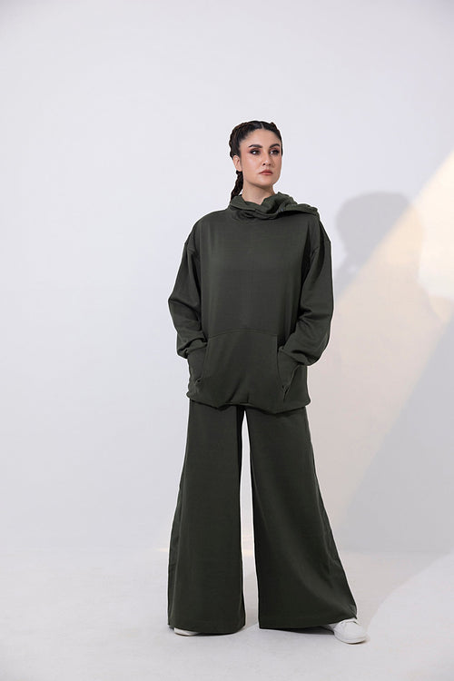 Women's dark green fleece with face mask tracksuit.