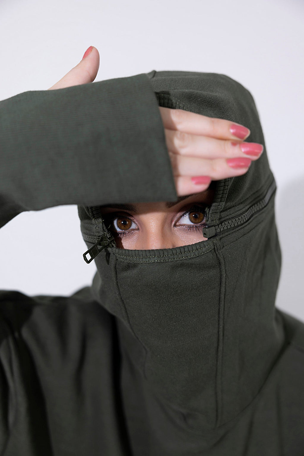 Women's dark green fleece with face mask tracksuit.