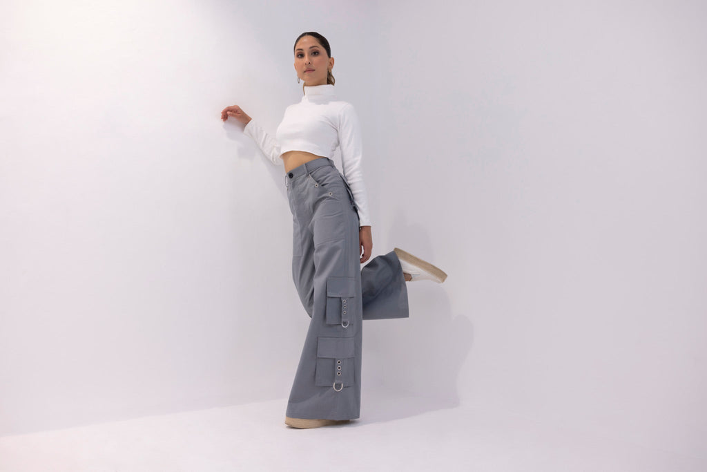 Lightweight grey fancy cargo pants for casual outings or semi-formal events.