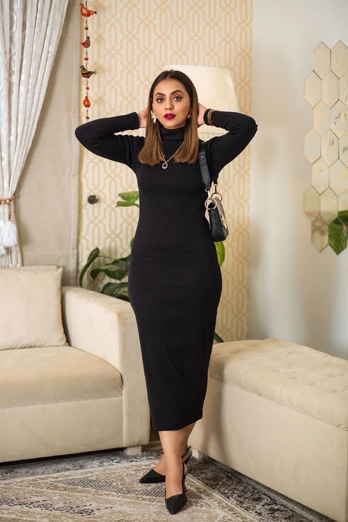 Women's rib black highneck bodycon. 