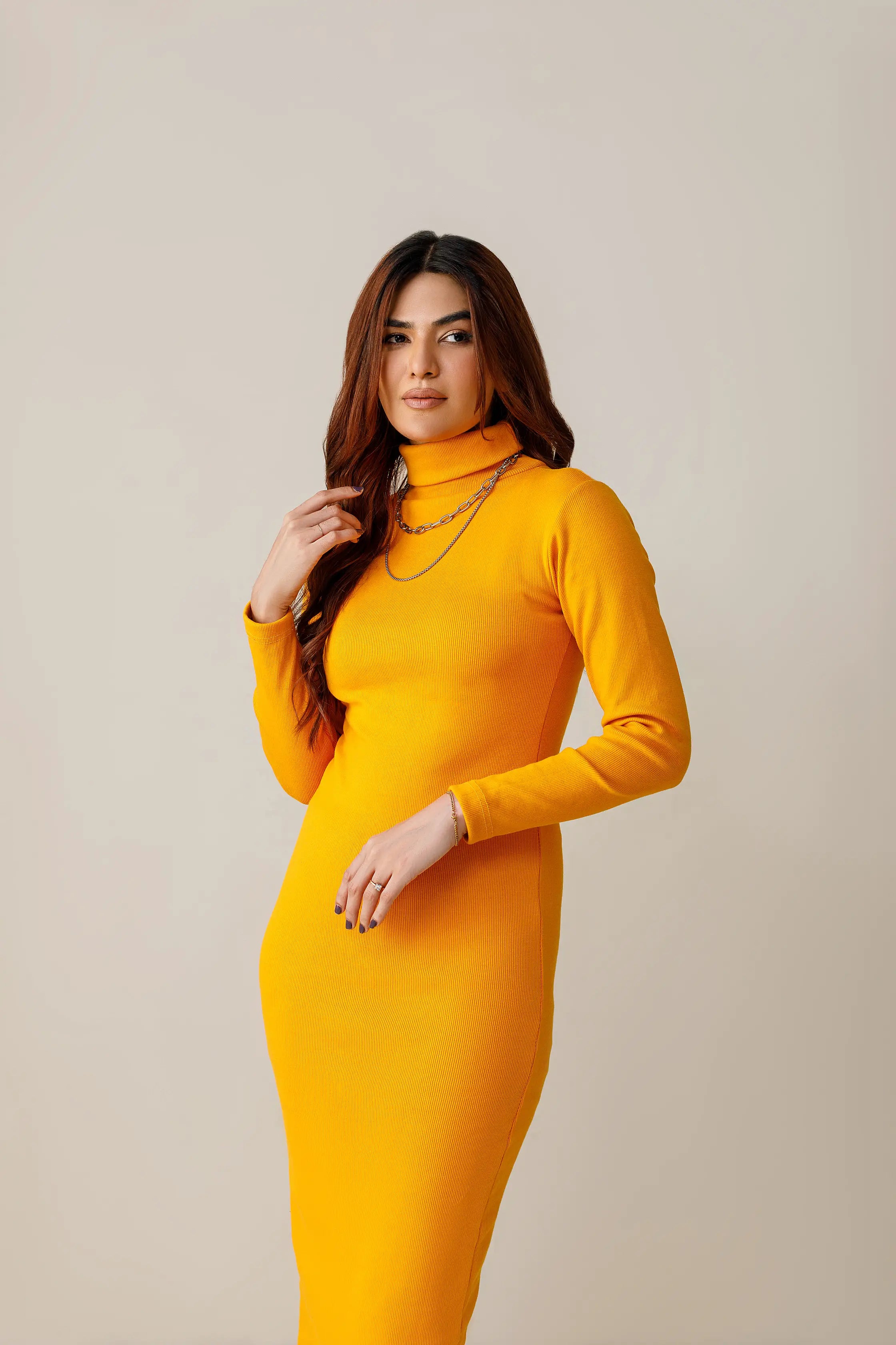 Women's rib orange highneck bodycon. 