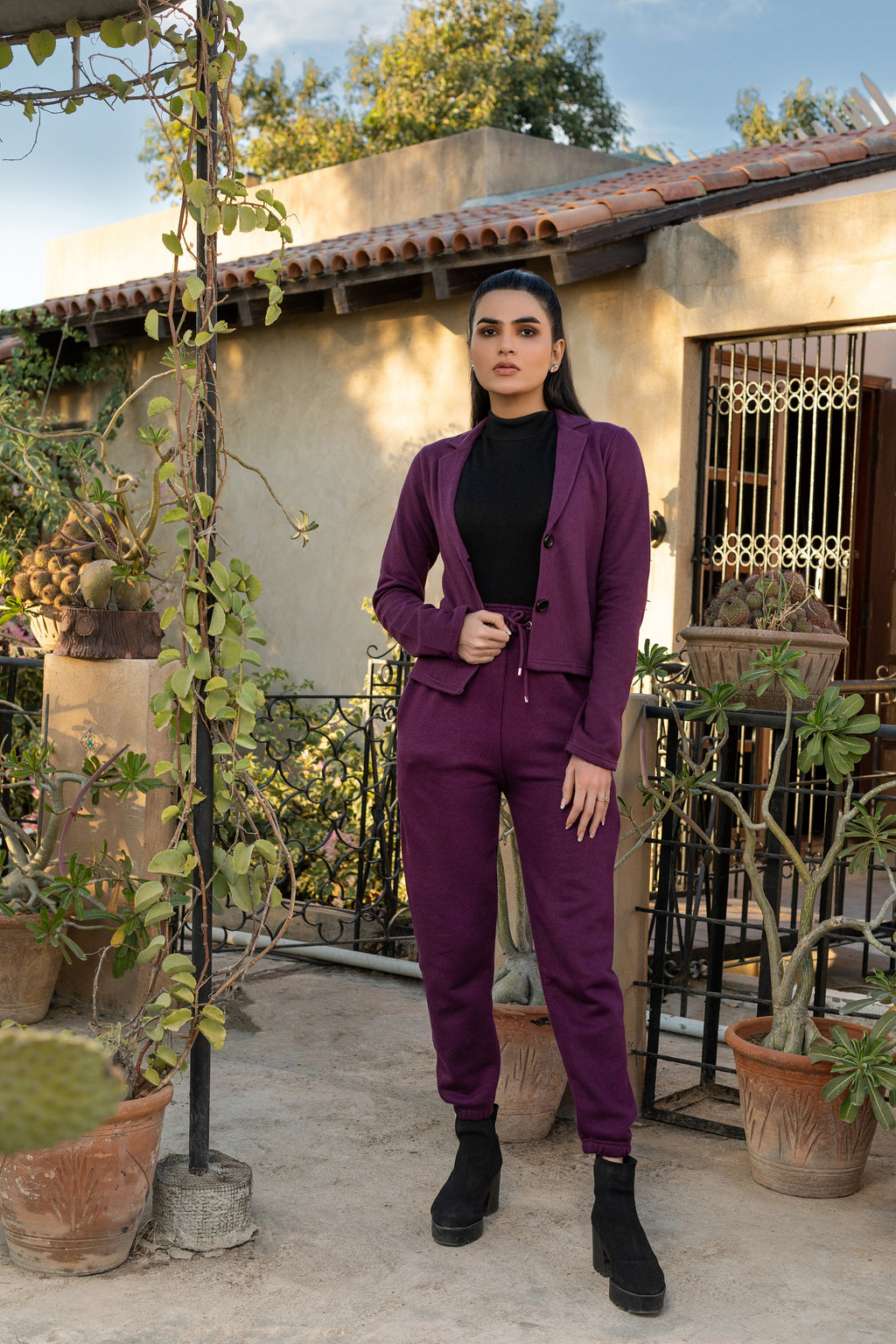 Women's purple fleece coat style tracksuit.