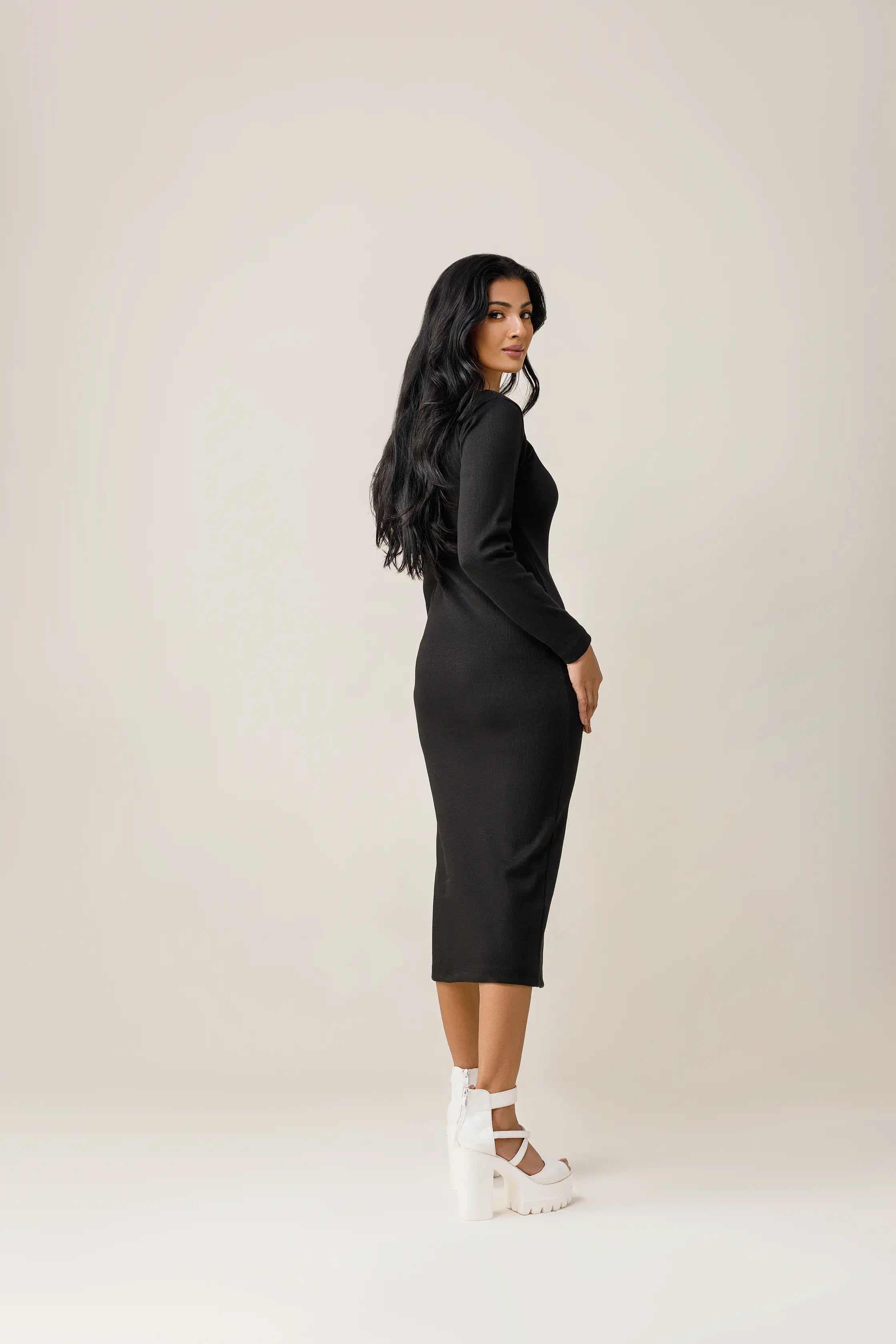 Women's rib black diamond neck bodycon. 