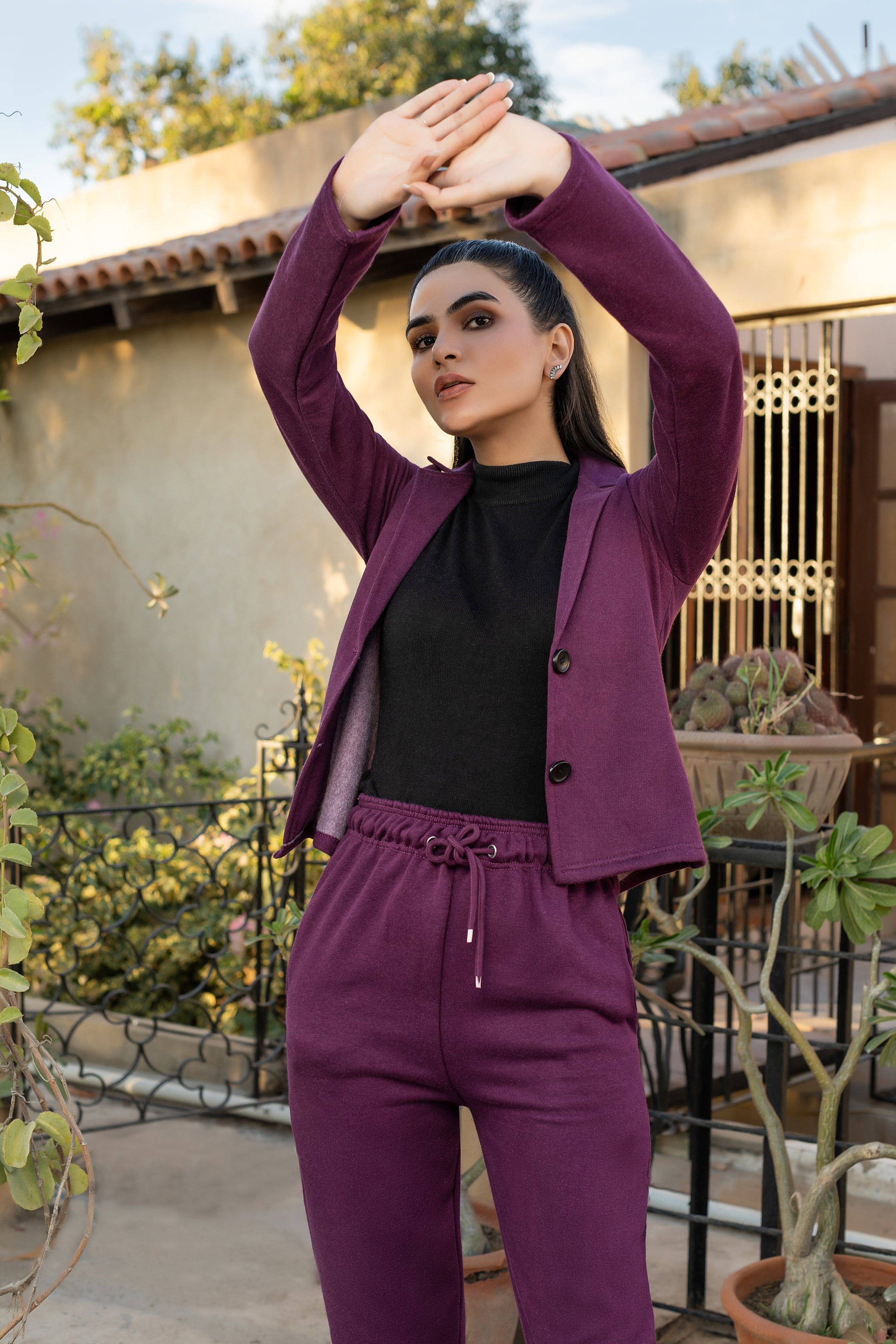 Women's purple fleece coat style tracksuit.