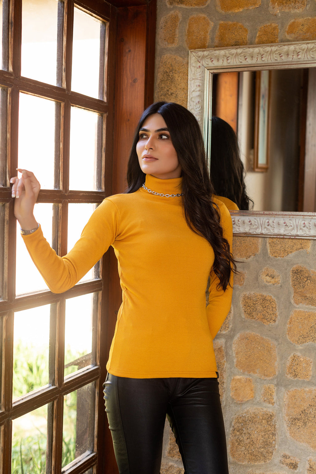 Women's mustard rib highneck.
