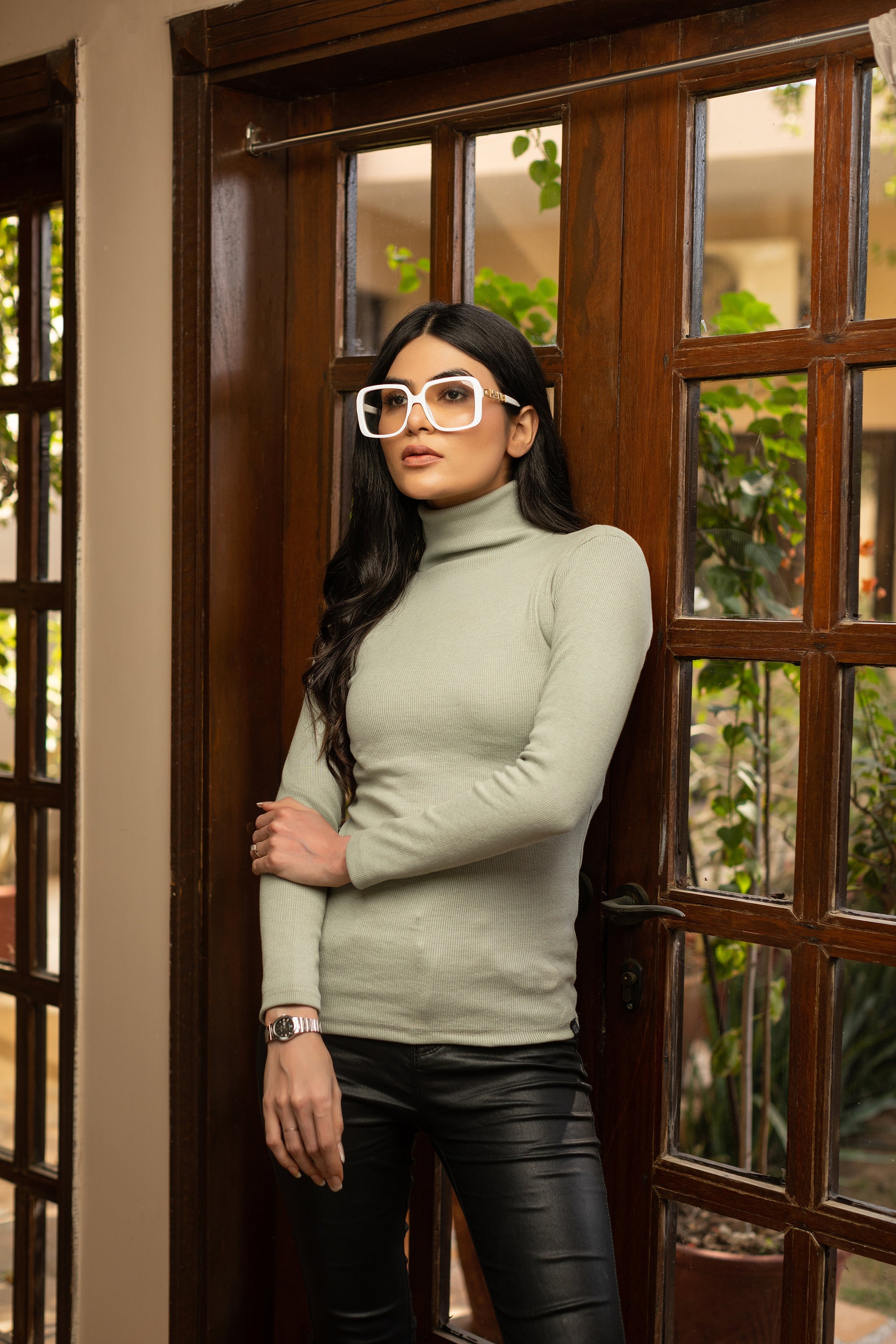 Women's mint green rib highneck.