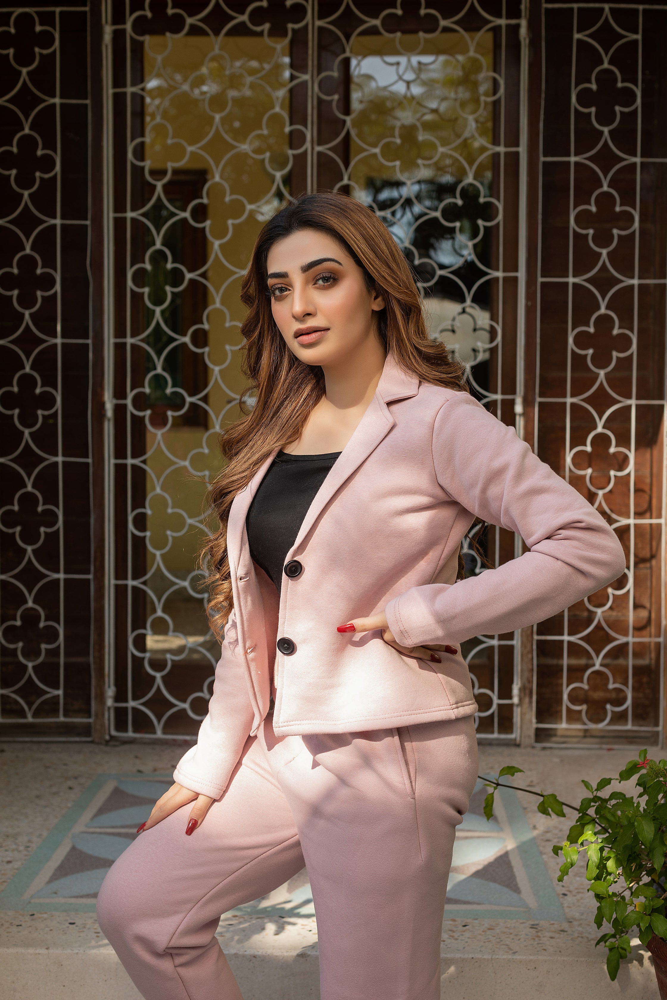 Women's tea pink fleece coat style tracksuit.