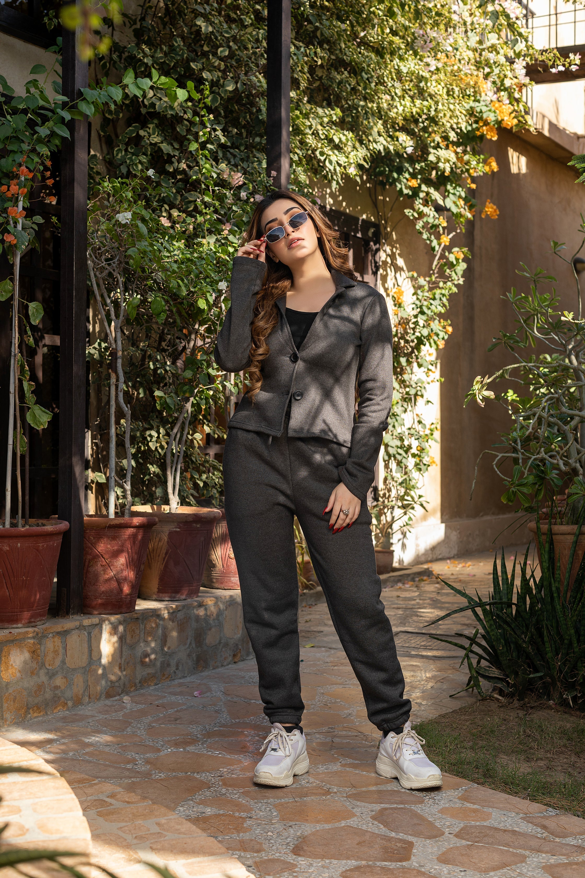 Women's fleece charcoal grey coat style tracksuit.