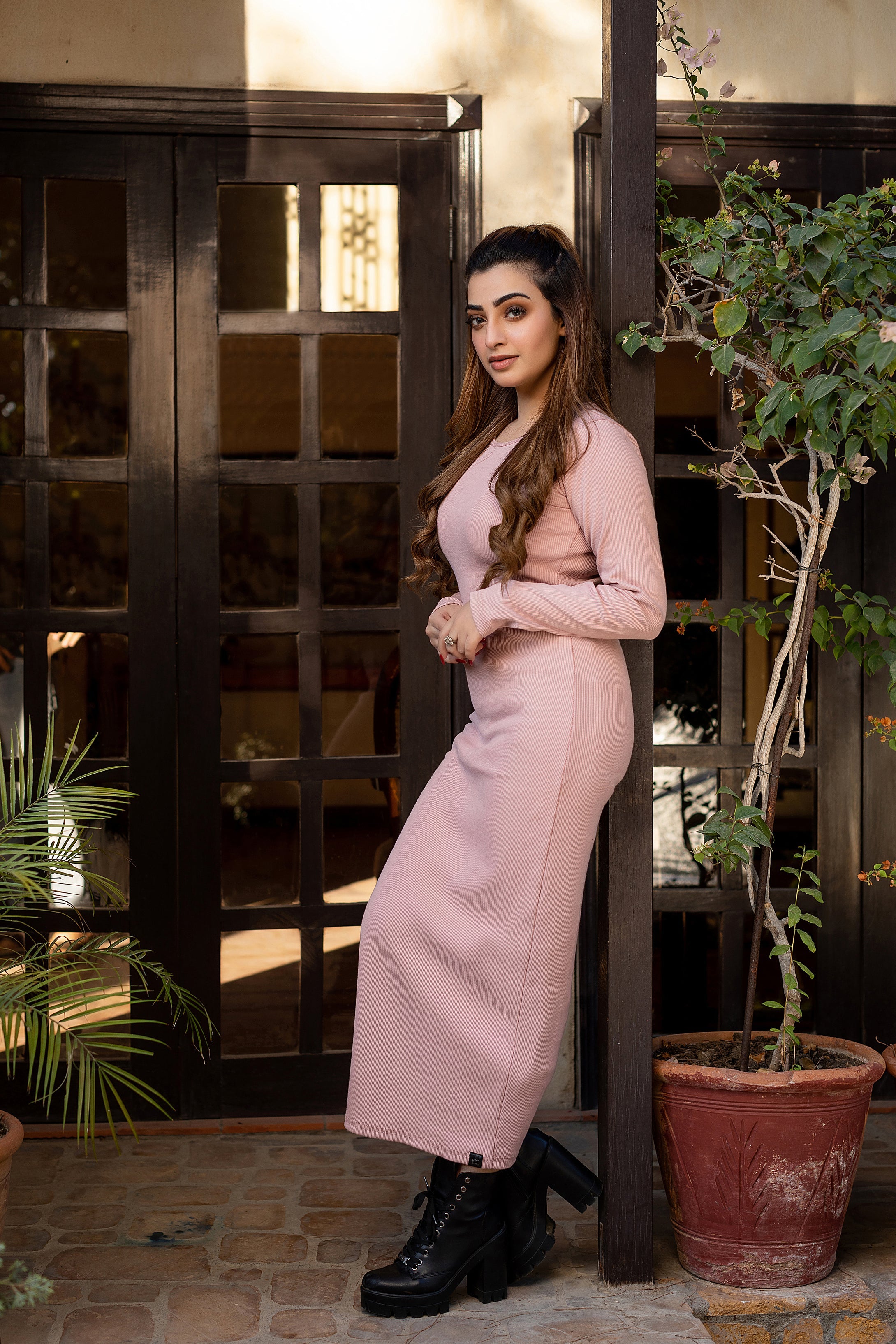 Women's rib baby pink roundneck bodycon. 