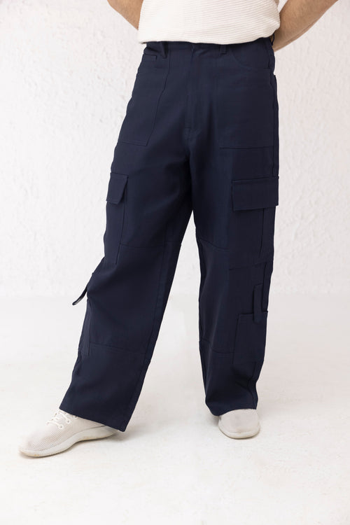 Front view of Aether wide leg cargo pants in navy twill with minimal 4-pocket design – Decuir