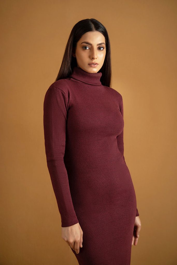 Women's rib maroon highneck bodycon. 
