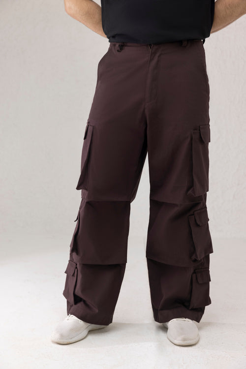 Front view of Branforge Funnel Fall Cargo Pants in coffee brown twill with wide leg fit and non-elastic waist