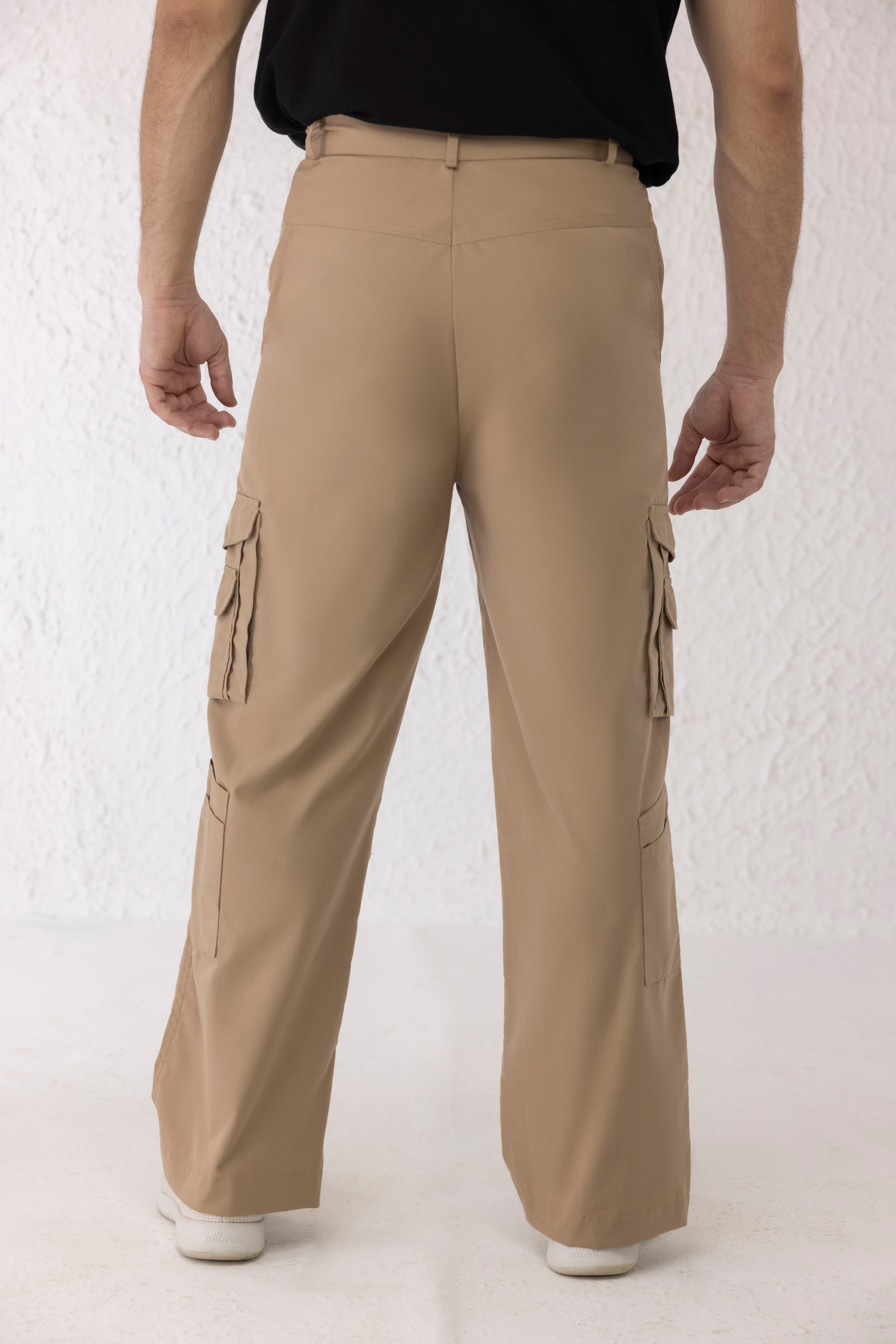 Men’s brown utility cargo pants with shin flap design and black buttons – Decuir Terra Flap Cargo