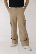 Men’s brown utility cargo pants with shin flap design and black buttons – Decuir Terra Flap Cargo