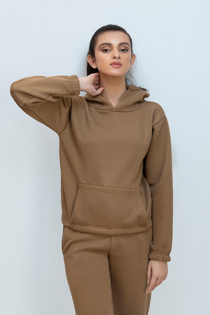 Women's Camel brown crop style tracksuit.