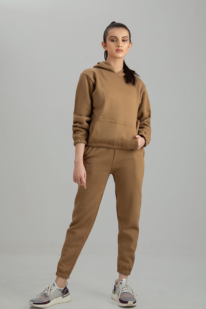 Women's Camel brown crop style tracksuit.