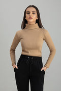 Women's caramel brown rib highneck.