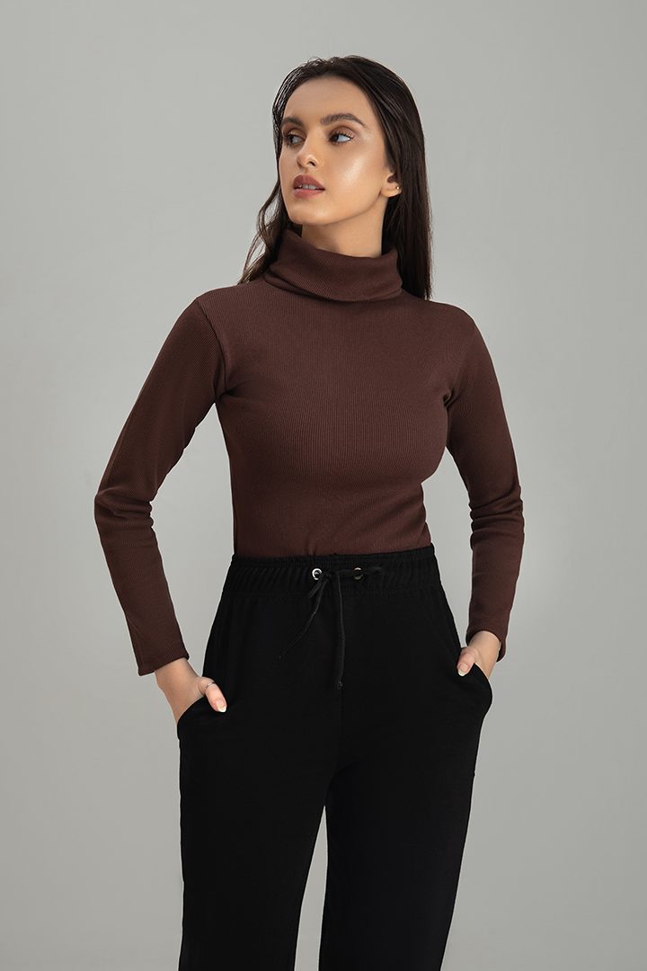 Women's chocolate brown rib highneck.