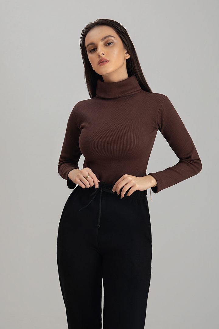 Women's chocolate brown rib highneck.