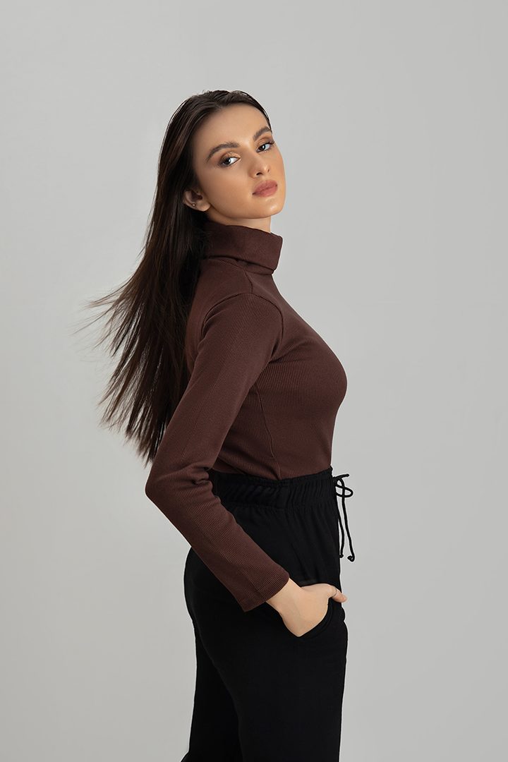 Women's chocolate brown rib highneck.