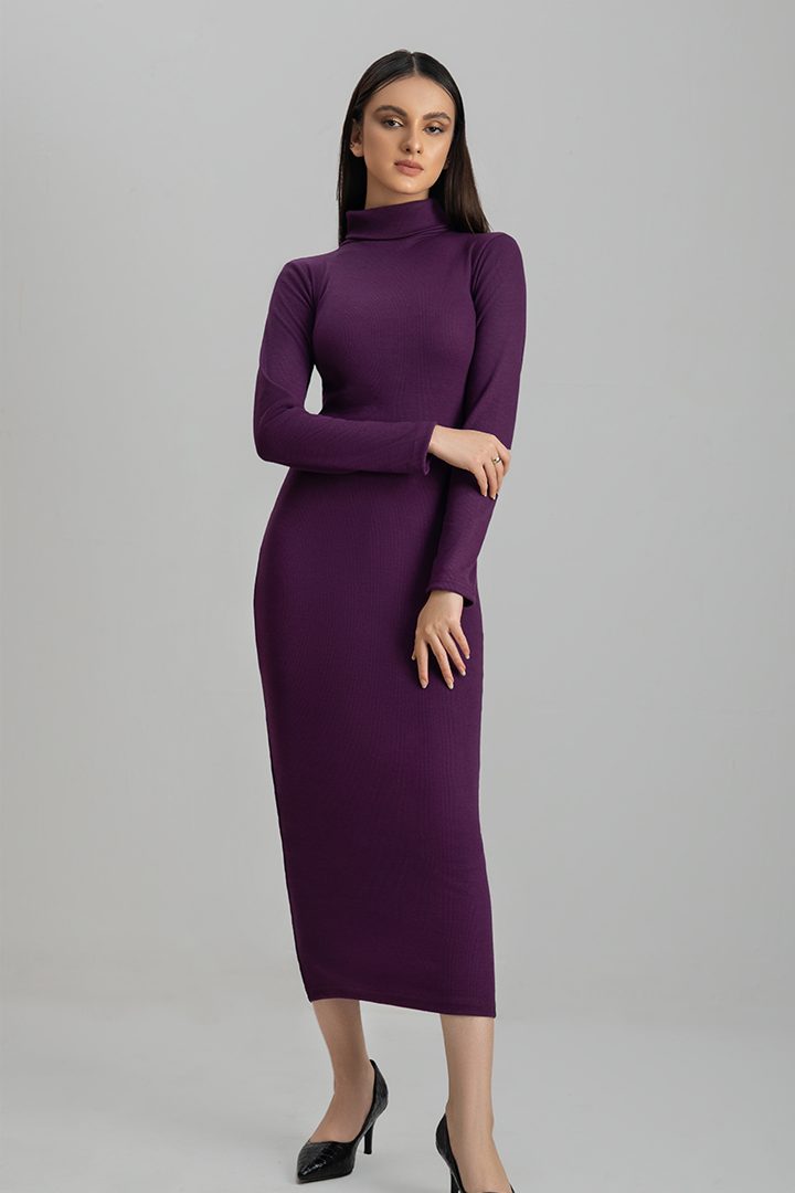 Women's rib purple highneck bodycon. 