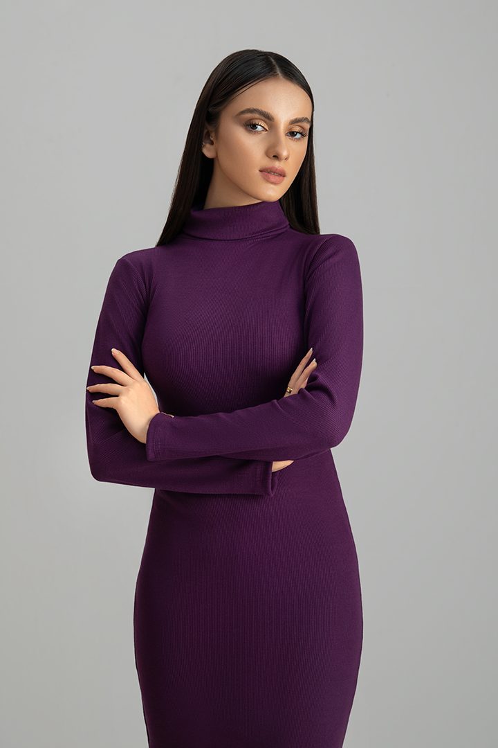 Women's rib purple highneck bodycon. 